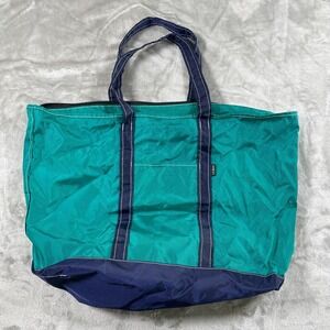 Vintage LL Bean Boat And‎ Tote Bag Large Blue Green Nylon 80s 90s Pockets Rare